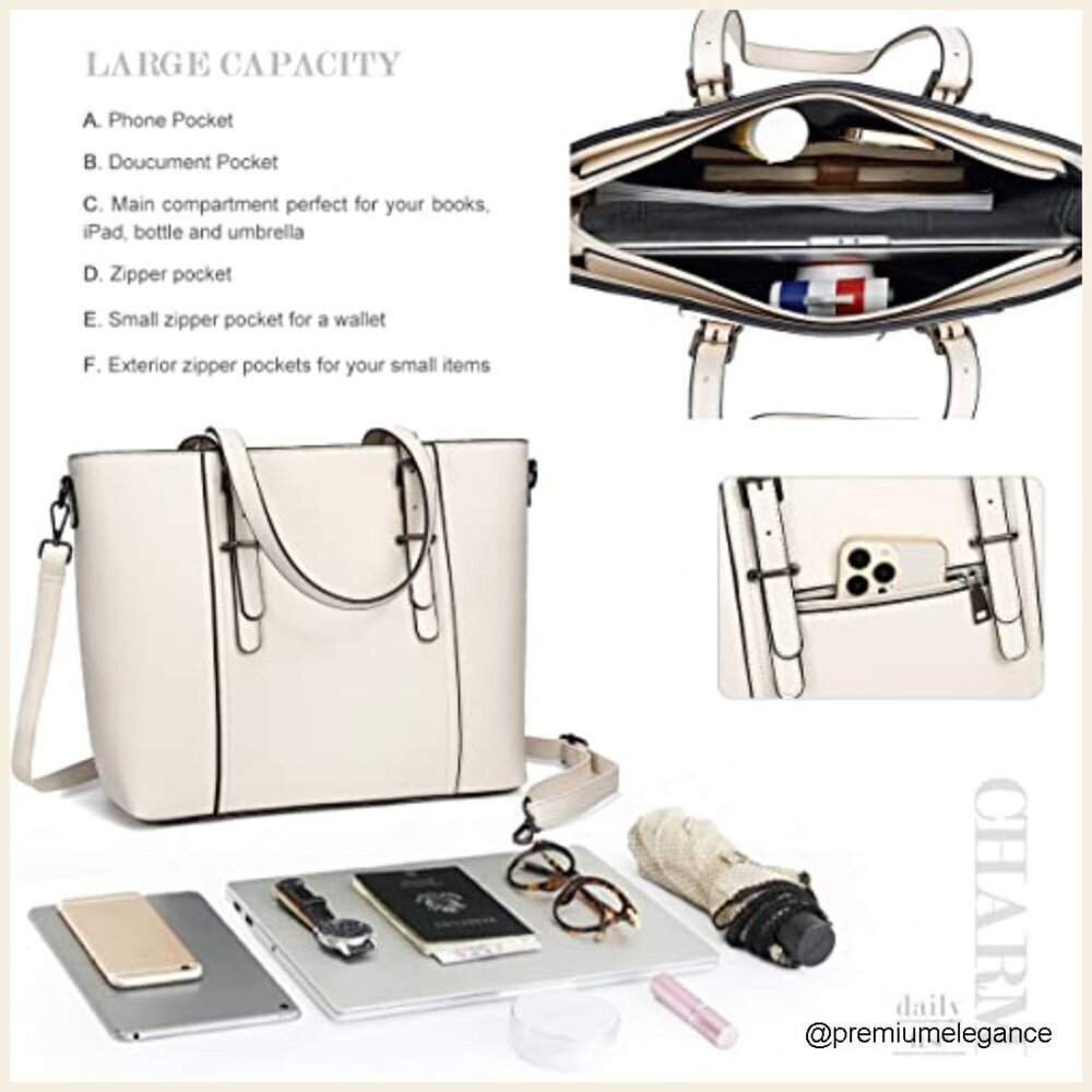 Faux Leather Satchel Tote with Adjustable Crossbody Strap, 6 Compartments - Picture 3 of 7